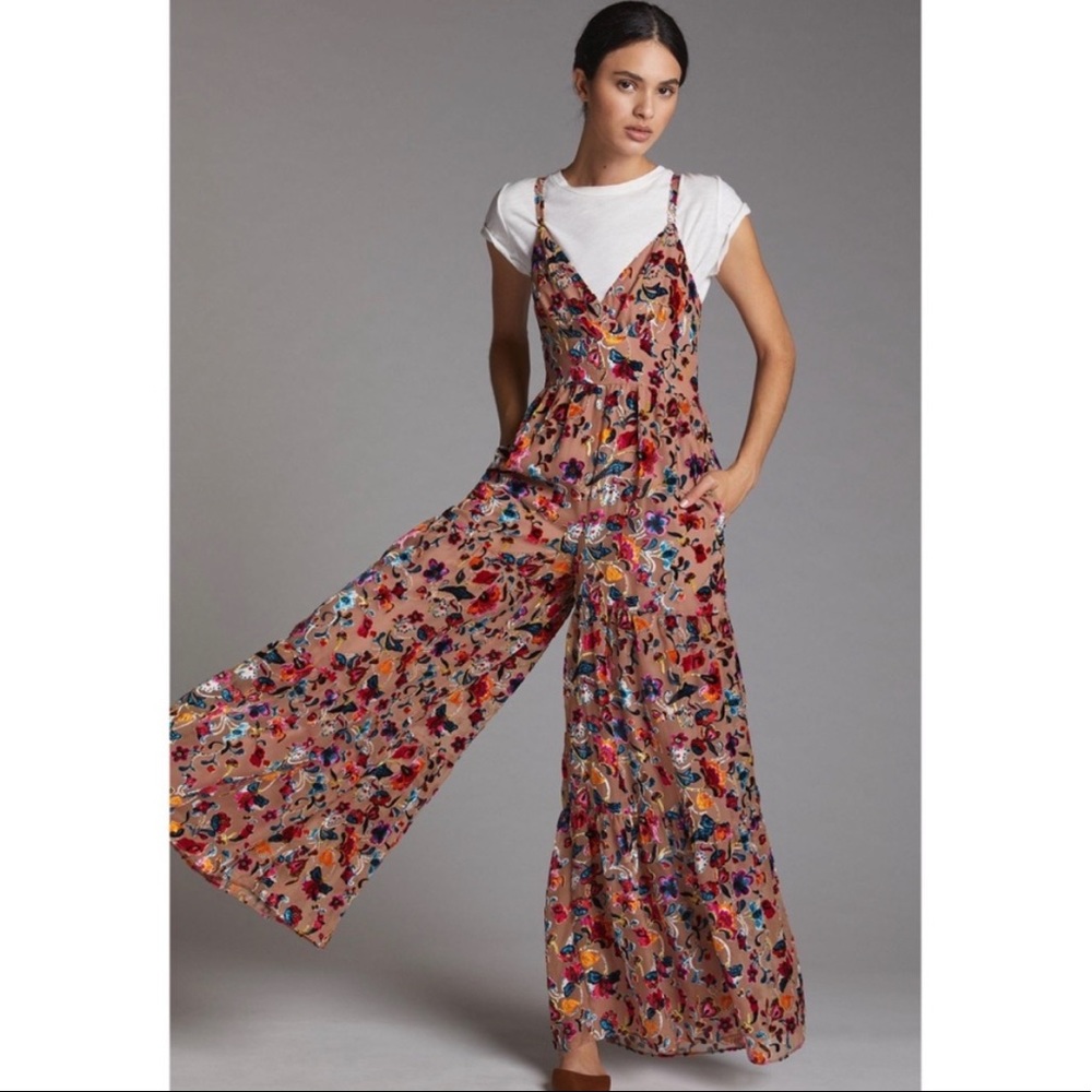 Flounced Floral Burnout Velvet Jumpsuit - Size 8 Anthropologie
